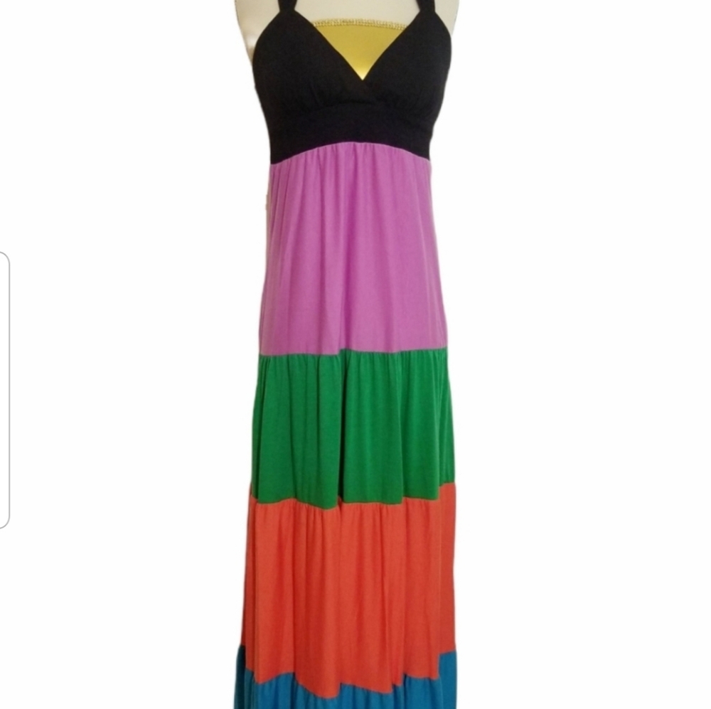Boho Colorblock Open-Back Haltered Maxi Dress - image 7